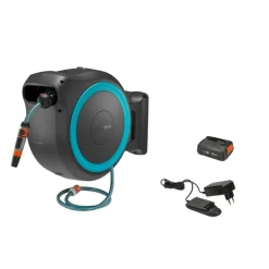 Akkutoiminen seinäletkukela Gardena PowerRoll XXL 40m turkoosi 18V 2,5 Ah akulla