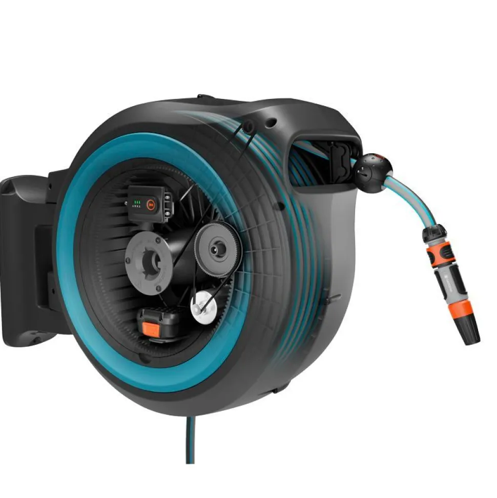 Akkutoiminen seinäletkukela Gardena PowerRoll XXL 40m turkoosi 18V 2,5 Ah akulla