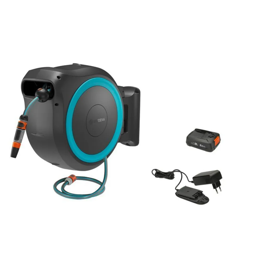 Akkutoiminen seinäletkukela Gardena PowerRoll XL 35m turkoosi 18V 2,5 Ah akulla