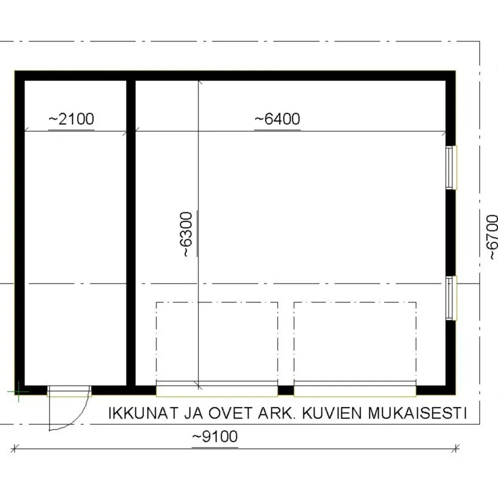 Autotallin runkopaketti Timburg, kahden auton talli ja varasto, sivusta ajettava, murrettu harjakatto, kerrosala 61 m²