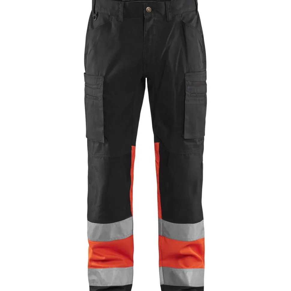 Huomiohousut Blåkläder 1551 Highvis Stretch musta/huomiopunainen