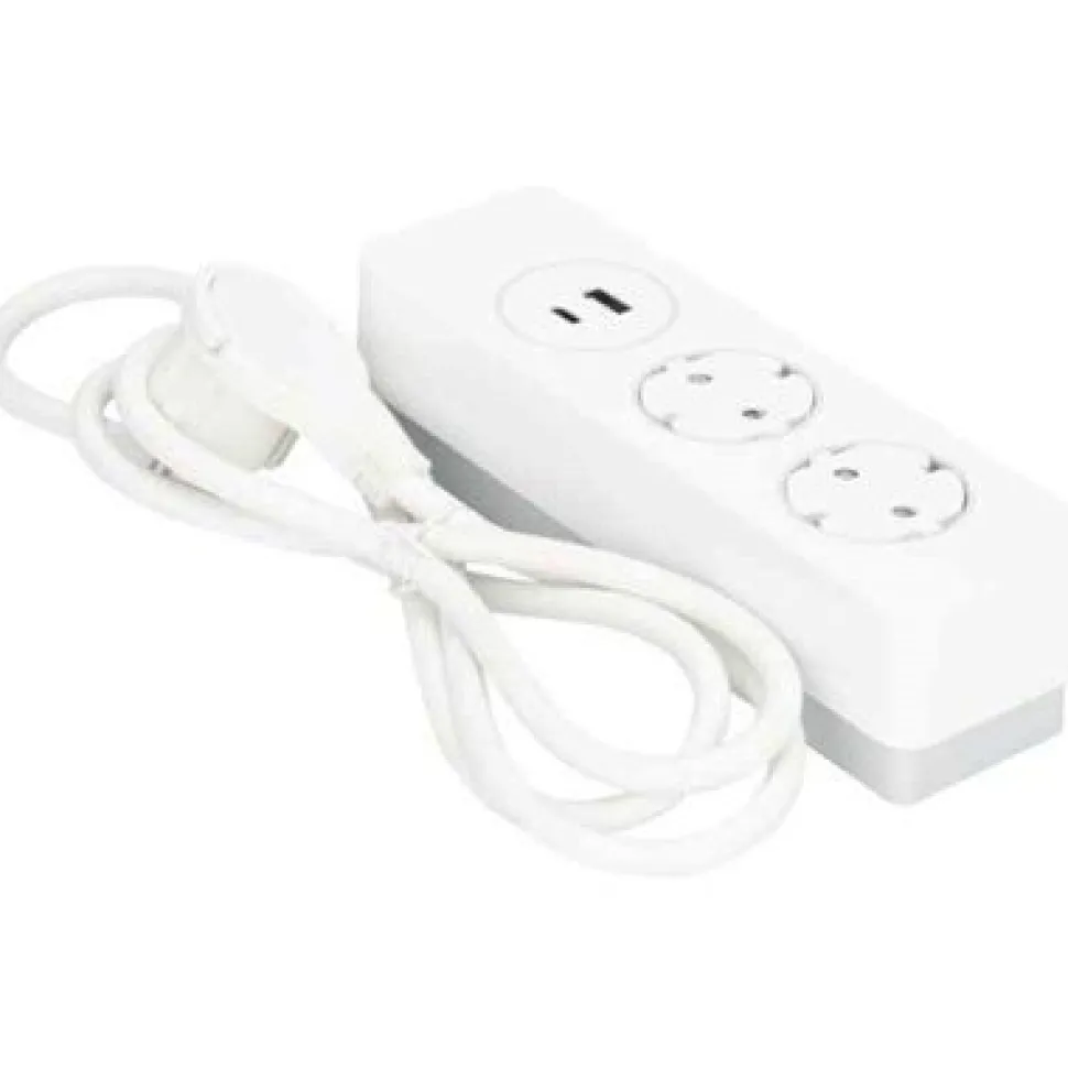 Jatkojohto Gelia 2+1+1 Kombi 2m 2-osainen + 1xUSB-A + 1xUSB-C valkoinen/harmaa