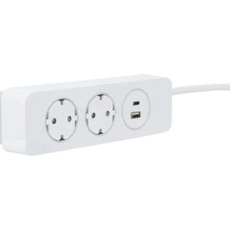 Jatkojohto Gelia 2+1+1 Kombi 2m 2-osainen + 1xUSB-A + 1xUSB-C valkoinen/harmaa