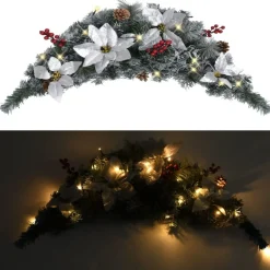 Joulukaari LED-valoilla, hopeisilla ja punaisilla koristeluilla, 90cm