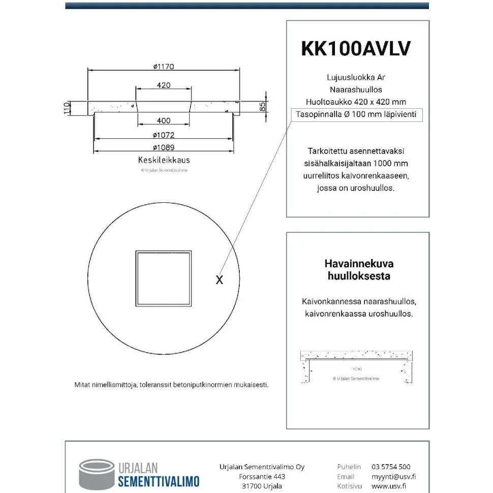 Kaivonkansi ø 1000 mm aukolla, 110 mm läpiviennillä, naarashuullos