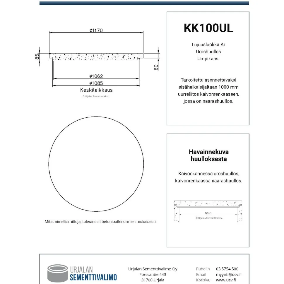 Kaivonkansi umpinainen ø 1000 mm uros