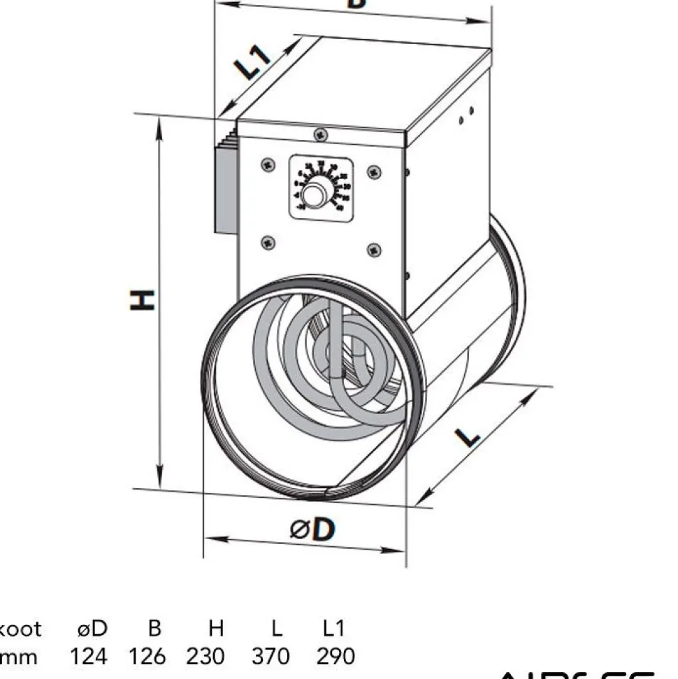 Kanavalämmitin Airsec NK 125-1.2-1 U, 125 mm/1.2 kW, integroitu termostaatti