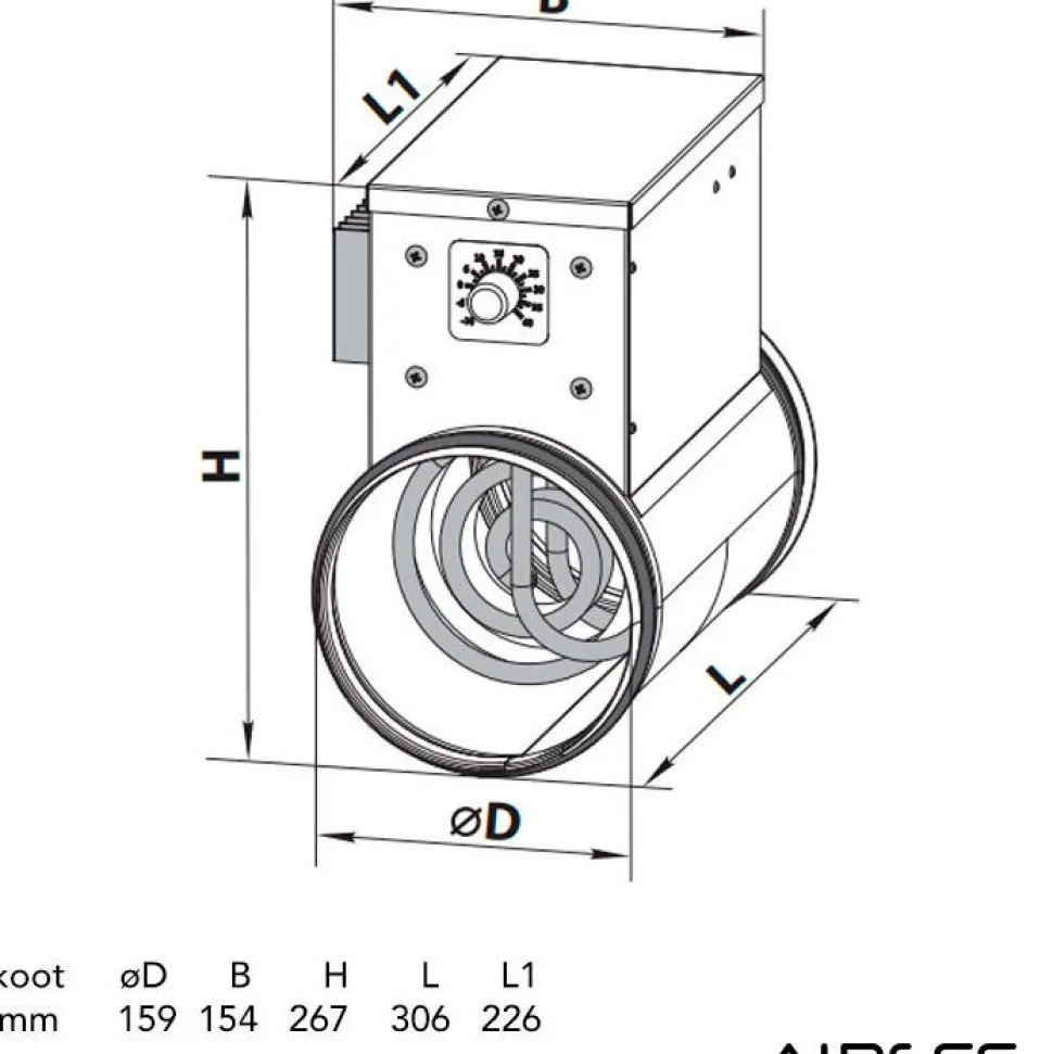 Kanavalämmitin Airsec NK 160-2.4-1 U, 160 mm/2,4 kW, integroitu termostaatti