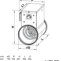 Kanavalämmitin Airsec NK 160-1.2-1 U, 160 mm/1.2 kW, integroitu termostaatti