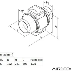 Kanavapuhallin Airsec TTPa 100 EC, IV-kanavan halkaisija 100 mm