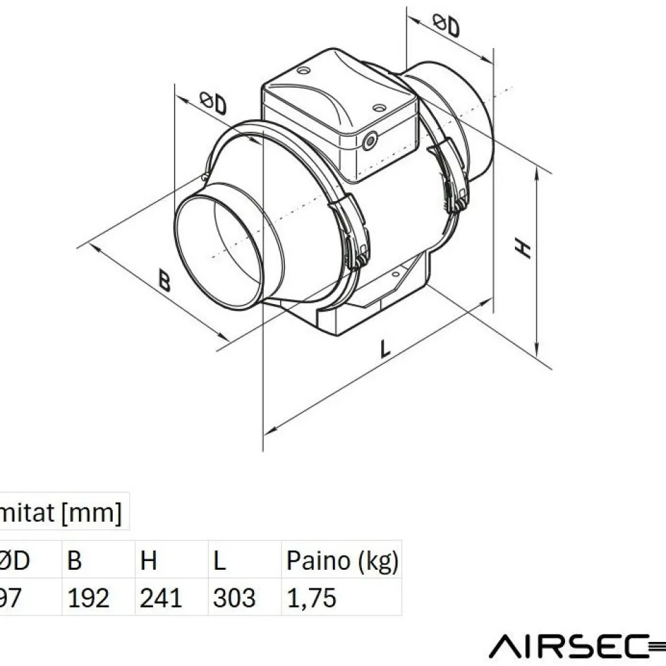 Kanavapuhallin Airsec TTPa 100 EC, IV-kanavan halkaisija 100 mm