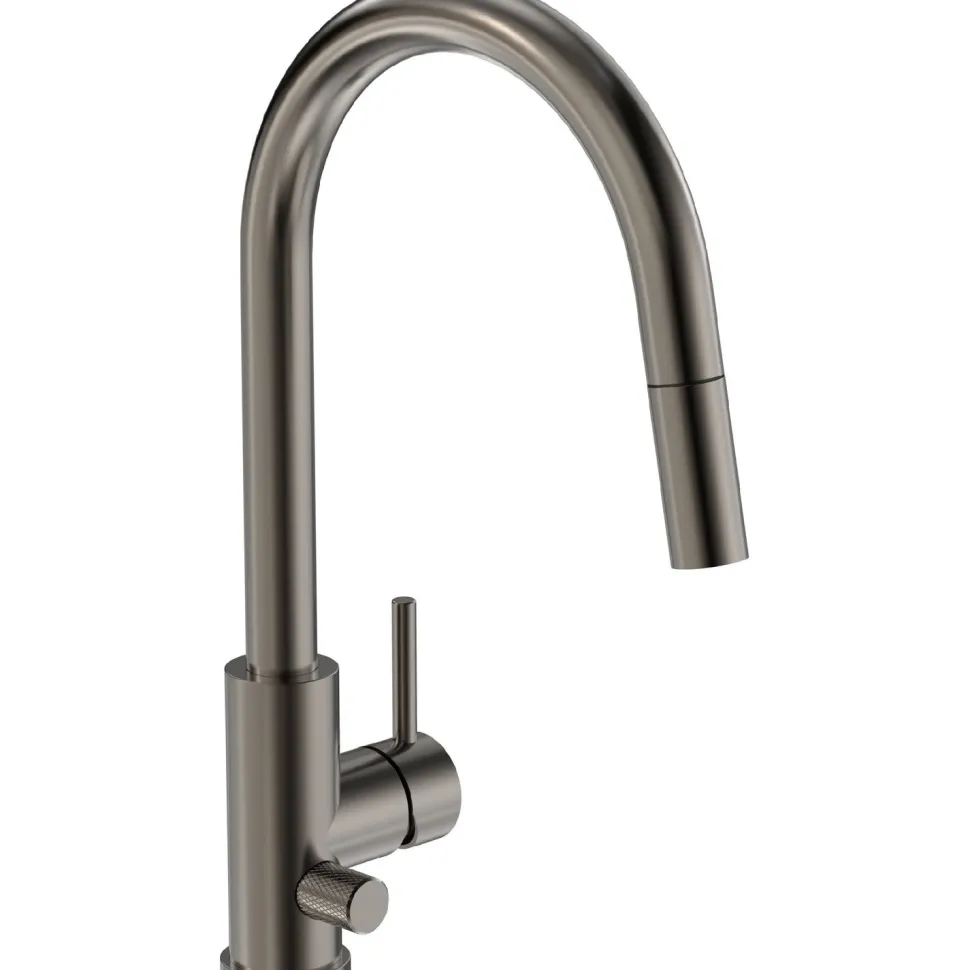 Keittiöhana INOX by Tammiholma Q1, ulosvedettävä juoksuputki ja APK-venttiili, gun metal