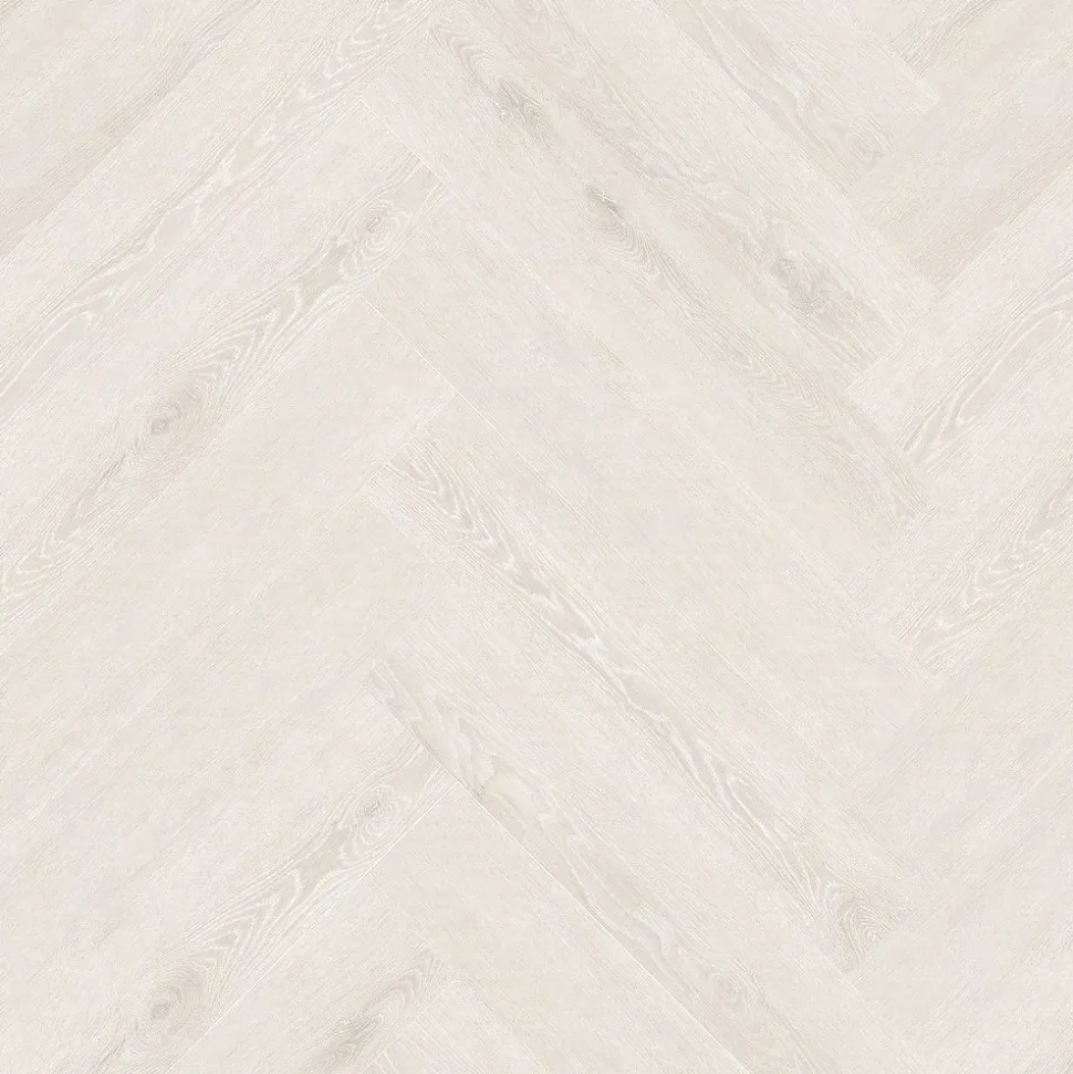 Kivikomposiittikalanruotovinyylilankku DomusFlooring Hiisi valkaistu, integroitu askeläänieriste
