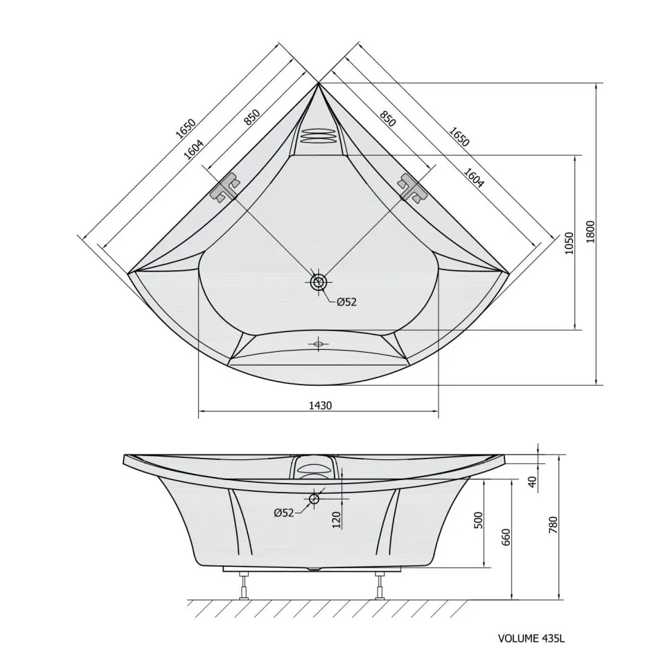 Kylpyamme Interia Bermuda + tukikehys, 165x165x490 mm, valkoinen