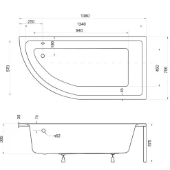 Kylpyamme Interia Ida 140 R 132l 1400 x 700 mm oikea