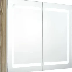 Kylpyhuoneen LED-peilikaappi, valkoinen ja tammi, 80x12x68cm