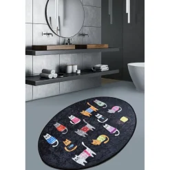 Kylpyhuoneen matto Linento Black Cats Oval 60x90cm musta/monivärinen