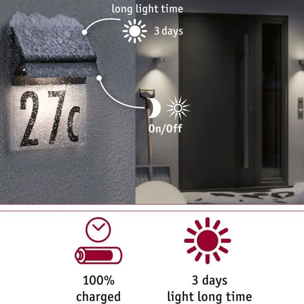 LED-numerovalaisin aurinkokennolla Paulmann Neda, IP44, 3000K, musta