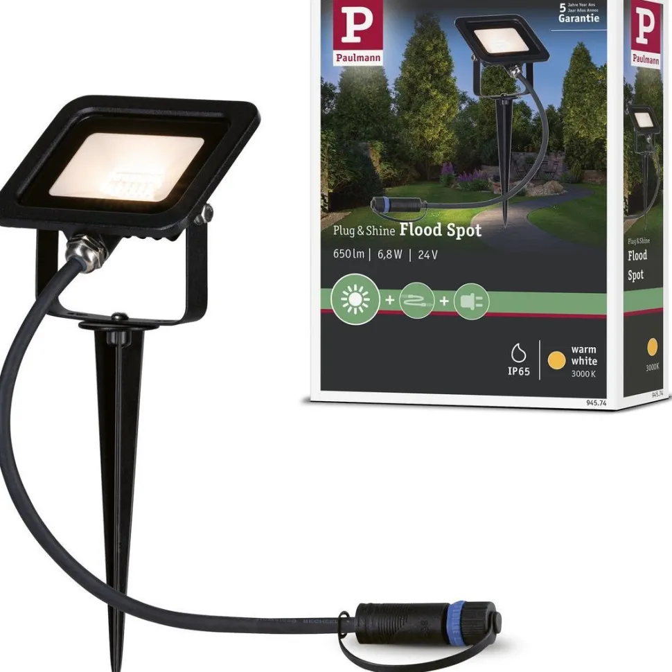 LED-puutarhaspotti Paulmann Plug & Shine Fluter, IP65, 3000K, 6,8W, musta