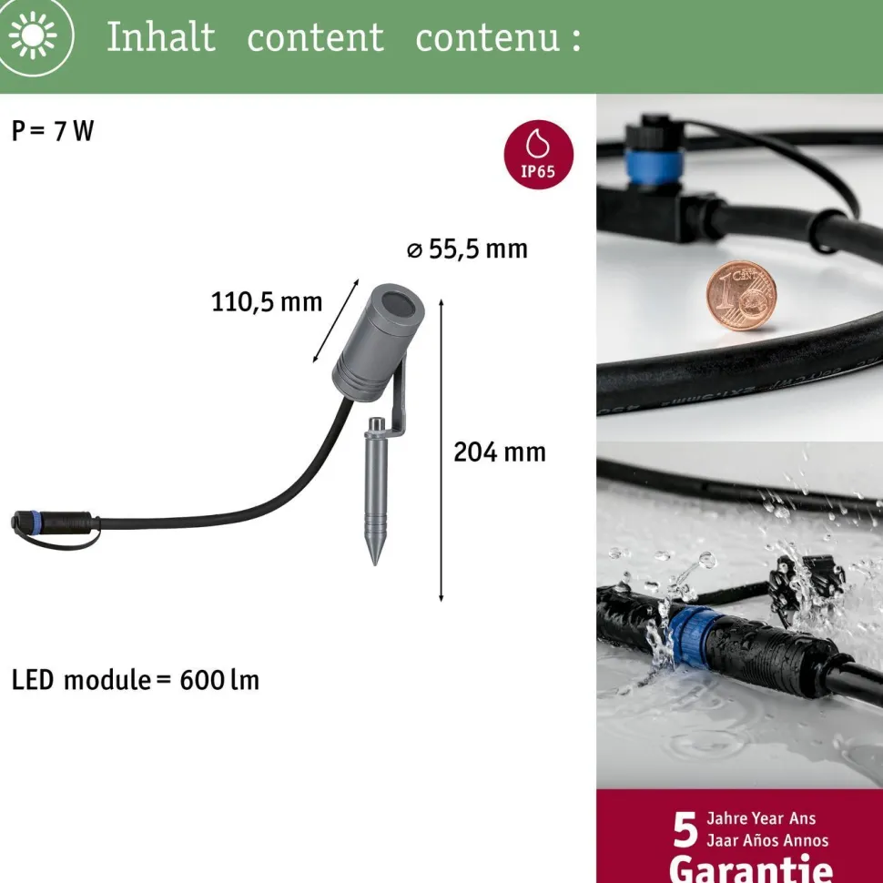 LED-puutarhaspotti Paulmann Plug & Shine Radix, IP65, 3000K, 6W, harmaa
