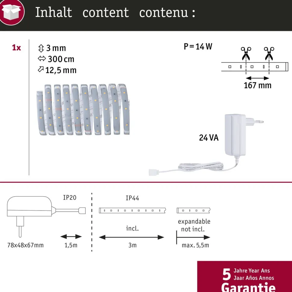LED-valonauha Paulmann MaxLED 250, aloituspakkaus, IP44, 240lm/m, 2700K, 24VA, eri kokoja