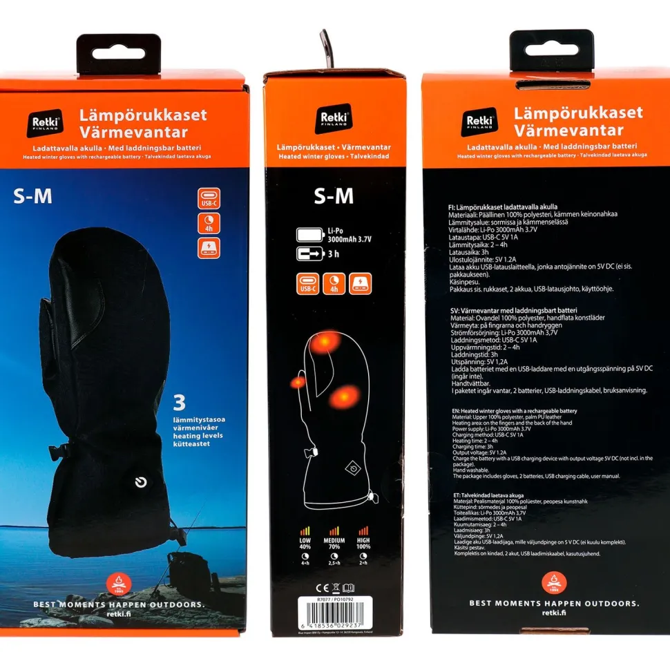 Lämmitettävät rukkaset Retki, 2x5V, 3000mAh, S/M, musta