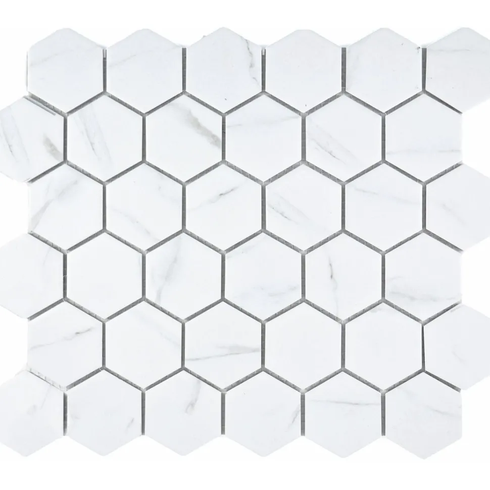 Marmorimosaiikki Pukkila Carrara Hexagon, 5x6cm, 6-kulmainen, matta, lasitettu