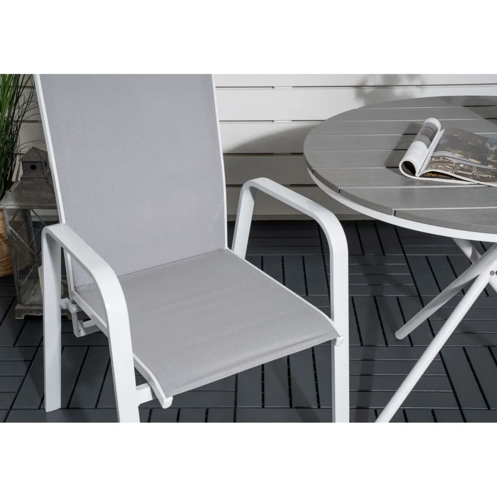 Parvekeryhmä Venture Home, ø90cm harmaa-valkoinen Parma-pöytä + 2 harmaa-valkoista, pinottavaa Copacabana-tuolia
