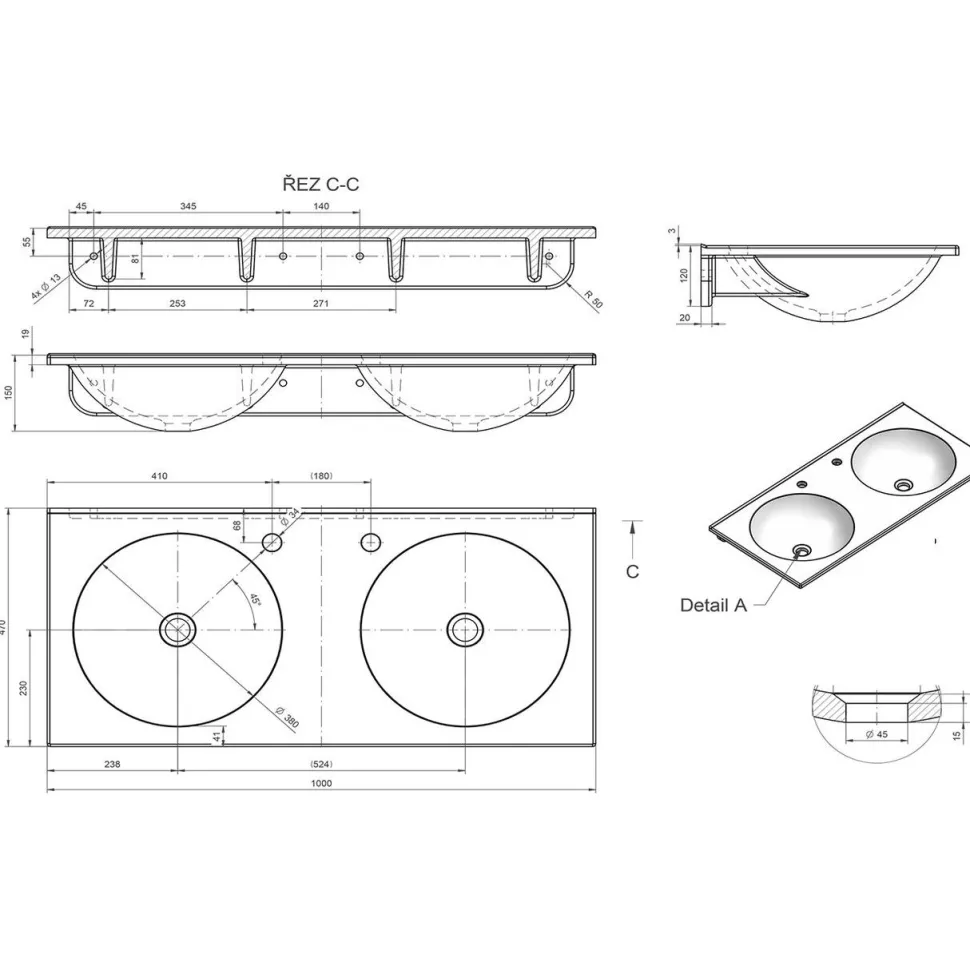 Pesuallas Interia Juno 1000 x 470 mm kaksialtainen kivi valkoinen