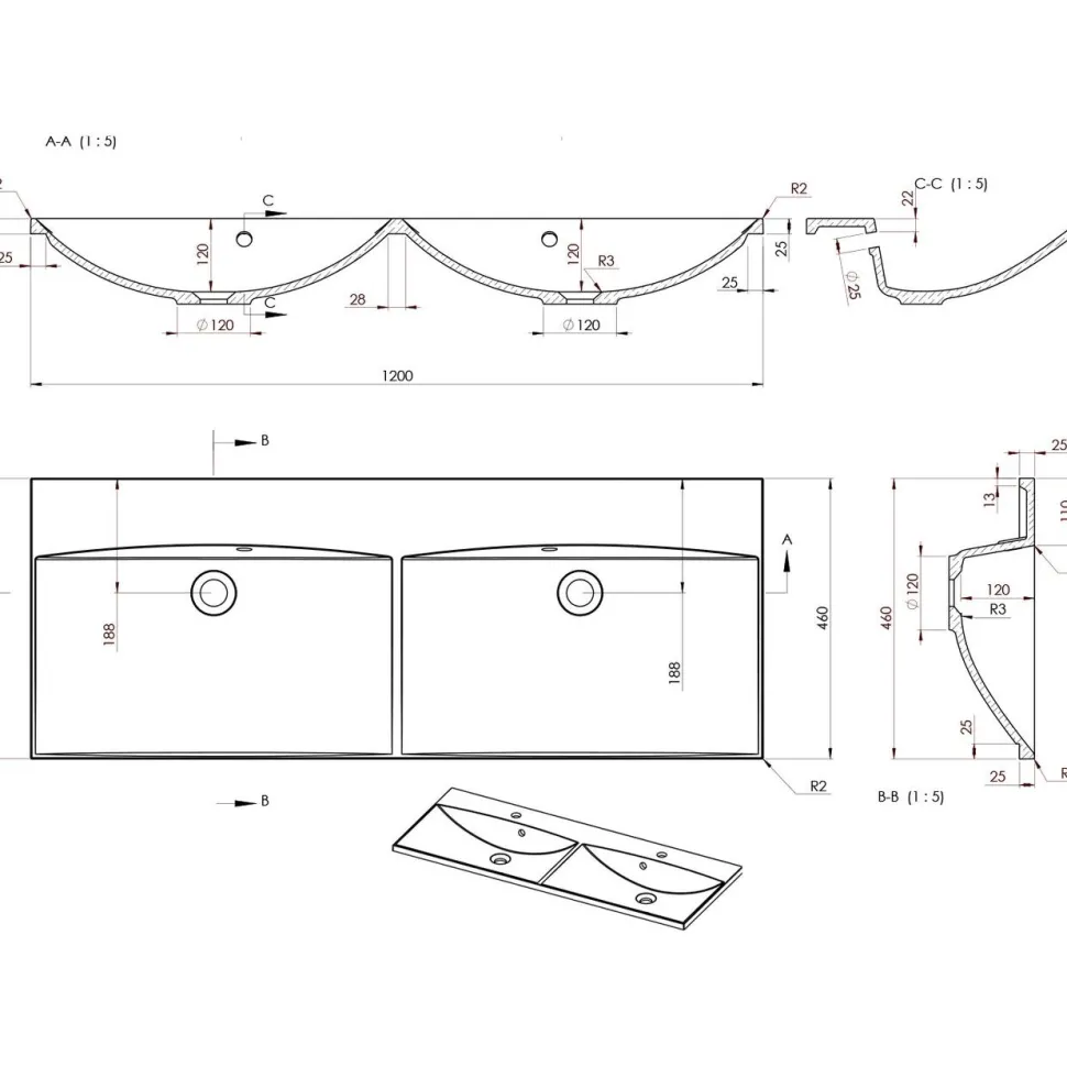 Pesuallas Interia Maria 1200 x 460 mm kaksialtainen kivi valkoinen