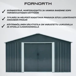Pihavarasto Fornorth, sokkelilla, harmaa, eri kokoja