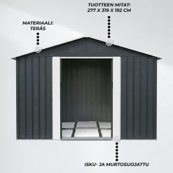 Pihavarasto Fornorth, sokkelilla, harmaa, eri kokoja
