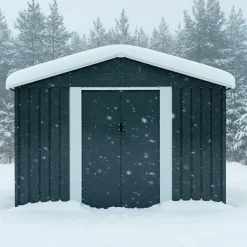 Pihavarasto Fornorth, sokkelilla, harmaa, eri kokoja