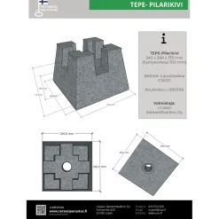 Pilarikivi TEPE 240x240x175 mm ponttirakenteella harmaa (hyötykorkeus 100 mm)