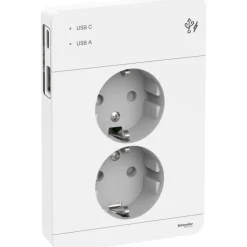Pistorasia Schneider Electric Exxact 2-osainen peitelevyllä + 2x USB lataus A+C 3A valkoinen