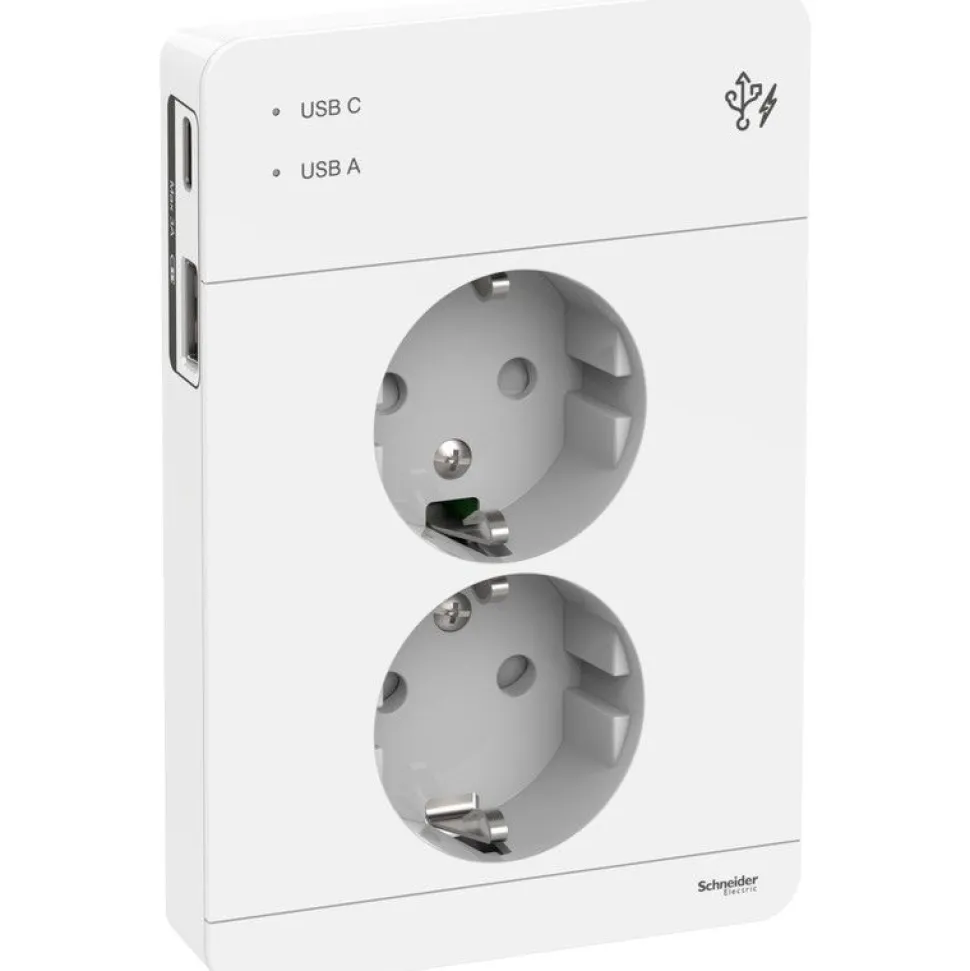Pistorasia Schneider Electric Exxact 2-osainen peitelevyllä + 2x USB lataus A+C 3A valkoinen
