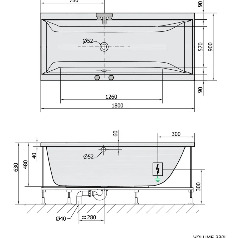 Poreamme Interia Cleo Highline Hydro-Air, 1800x900x480mm, 330l, valkoinen