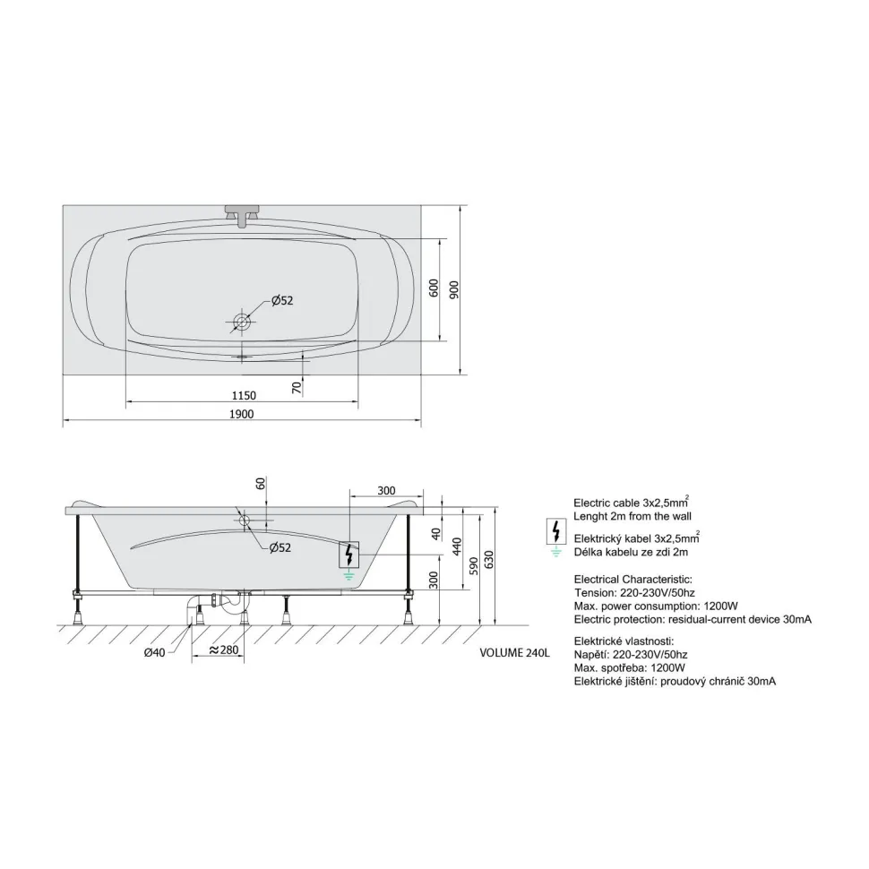 Poreamme Interia Garda Active Hydro-Air, 1900x900x440mm, 240l, valkoinen