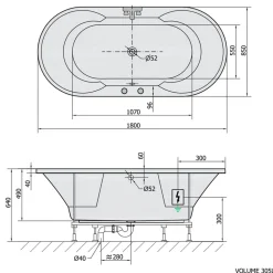 Poreamme Interia Highline Hydro, 1800x850x490mm, 305l, valkoinen