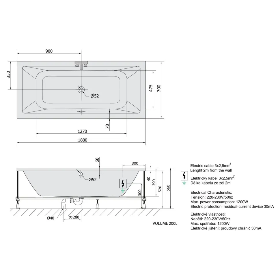 Poreamme Interia Krysta Active Hydro-Air, 1800x700x390mm, 200l, valkoinen