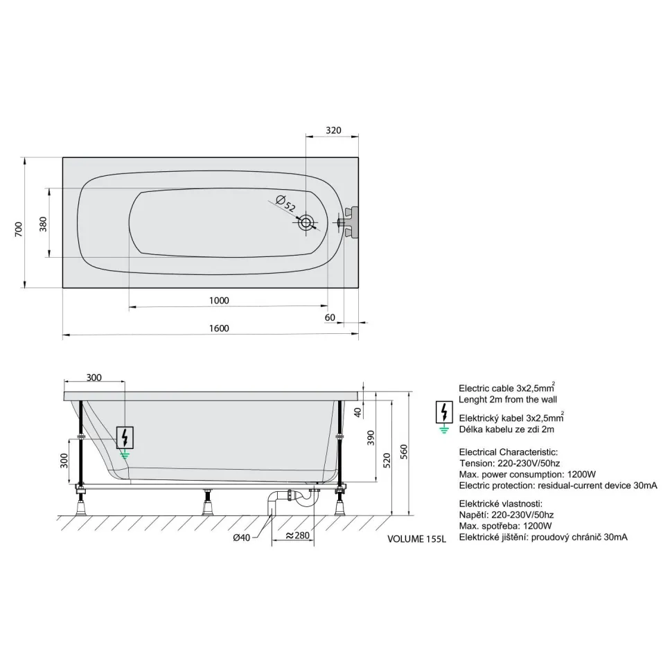 Poreamme Interia Laura Highline Hydro-Air, 1600x700x390mm, 155l, valkoinen