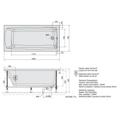 Poreamme Interia Lily Highline Hydro, 1400x700x390mm, 173l, valkoinen
