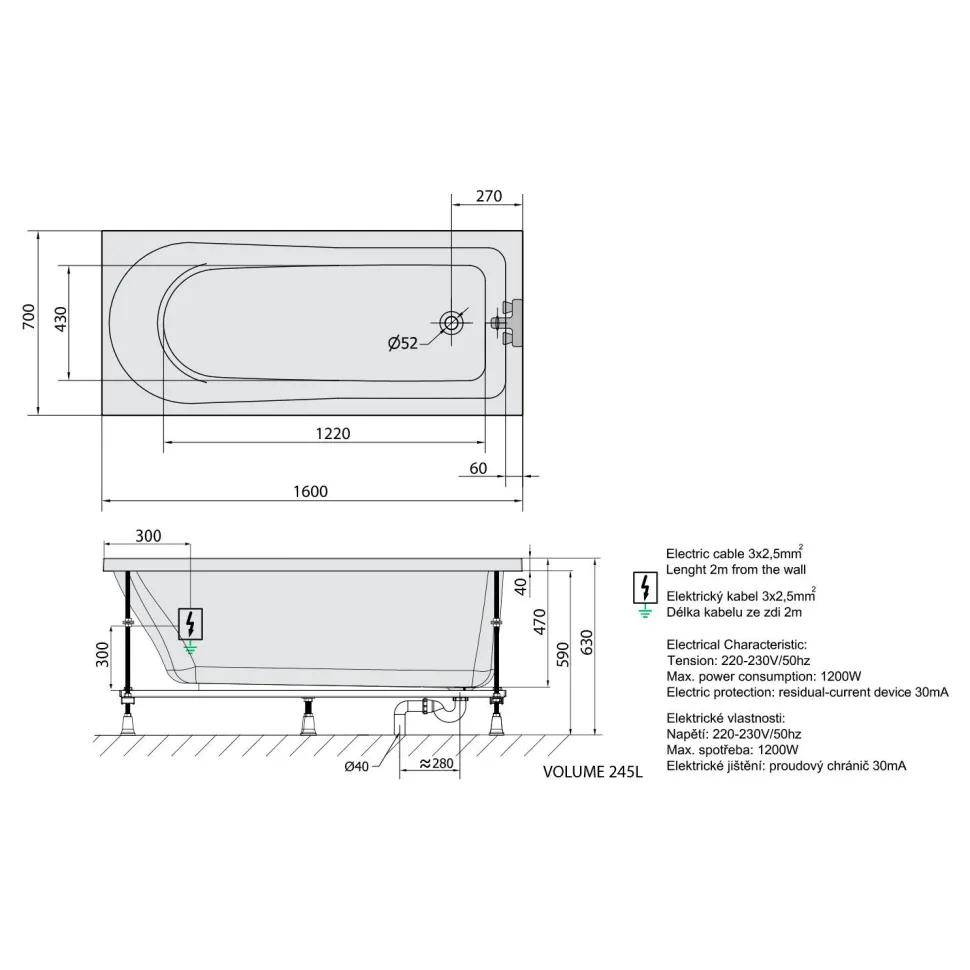 Poreamme Interia Lisa Highline Hydro-Air, 1600x700x470mm, 245l, valkoinen
