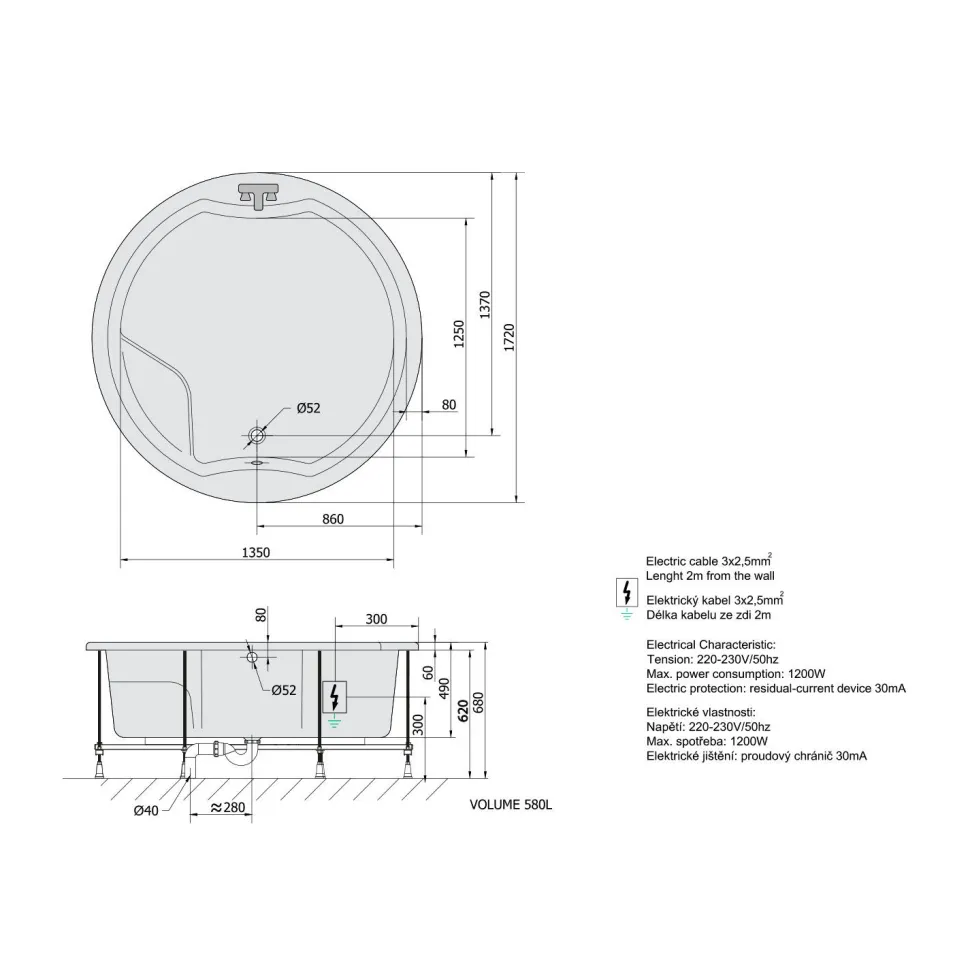Poreamme Interia Royal Highline Hydro-Air, 1720x1720x490mm, 580l, valkoinen