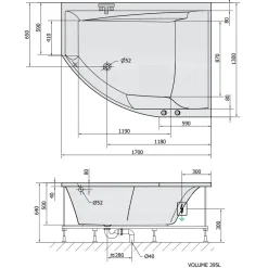 Poreamme Interia Tandem Highline Hydro, 1700x1300x500mm, oikea, 395l, valkoinen