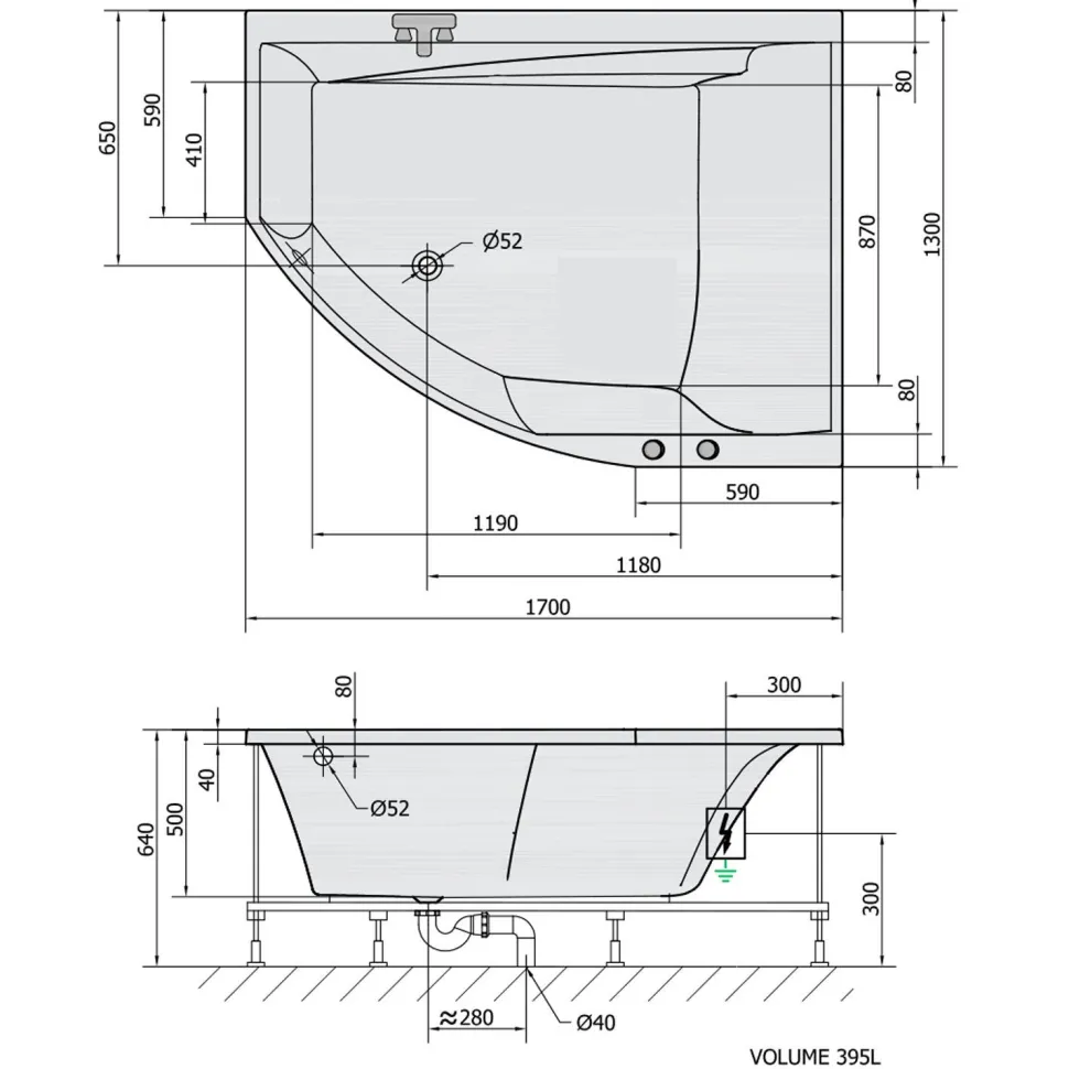 Poreamme Interia Tandem Highline Hydro-Air, 1700x1300x500mm, oikea, 395l, valkoinen