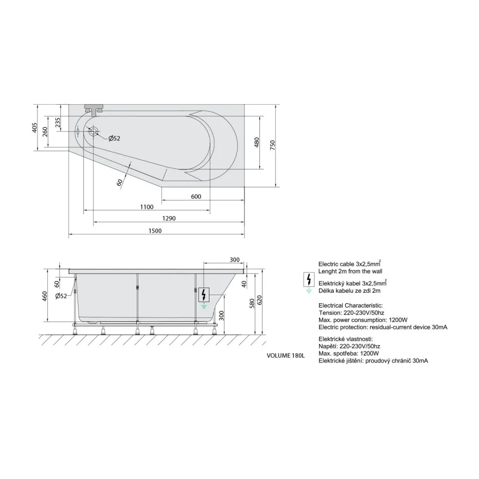 Poreamme Interia Tigra Active Hydro-Air, 1500x750x460mm, oikea, 180l, valkoinen