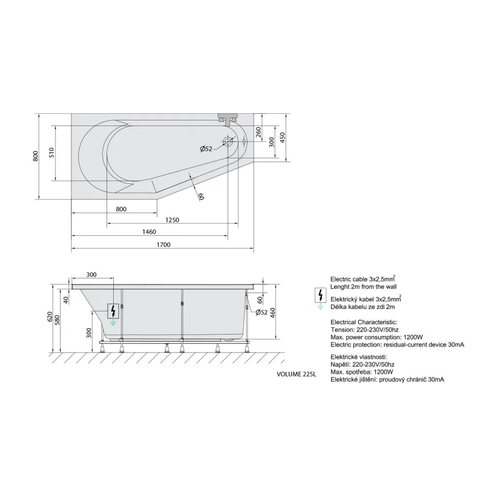Poreamme Interia Tigra Attraction Hydro-Air, 1700x800x460mm, vasen, 225l, valkoinen