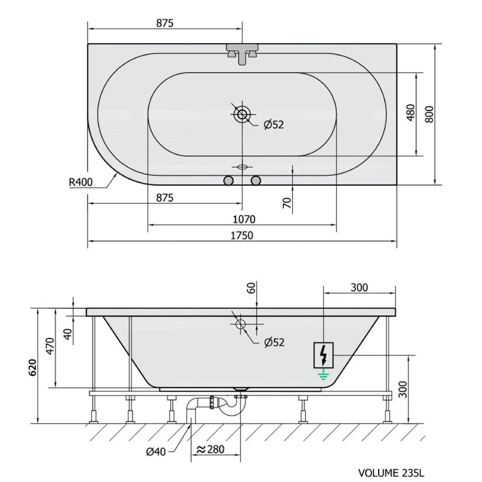 Poreamme Interia Viva Highline Hydro-Air, 1750x800x470mm, oikea, 235l, valkoinen