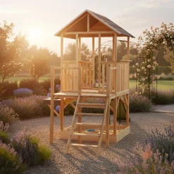 Puinen leikkimökki EXIT Panorama 550, liukumäellä, mutakeittiöllä ja hiekkalaatikolla
